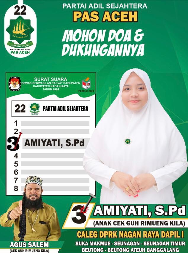 Amiyati. S. Pd Calon Anggota Dewan Perwakilan Rakyat Kabupaten Nagan Raya Dari Partai PAS -Aceh Nomor Urut :3 Dapil 1