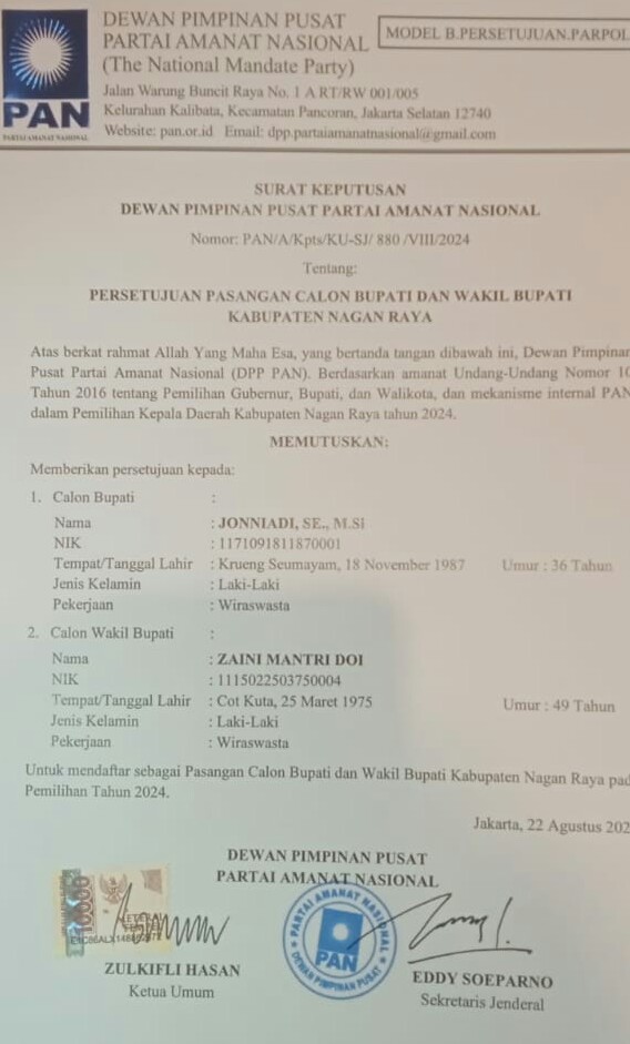 Ketum DPP Partai PAN Berikan Rekomendasi Dukungan Untuk Calon Bupati Nagan Raya Jonniadi.SE.M.Si. Dan Wakil Bupati Zaini Mantri Doi.