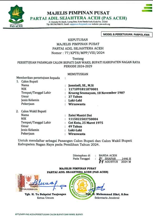 Surat Rekomendasi Dukungan Untuk Calon Bupati dan Calon Wakil Bupati Nagan Raya Jonniadi.SE.M. Si dan Zaini Mantri Doi.