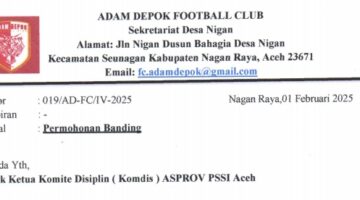 Adam Depok FC Ajukan Banding Ke Komdis Aceh. Ini Tuntutannya