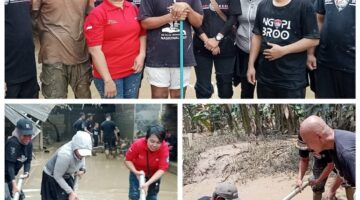 Komunitas Ngopi Broo Bergotong Royong Bantu Warga Bersihkan Sisa Lumpur Banjir Kampung Lebak Teluk Pucung Bekasi