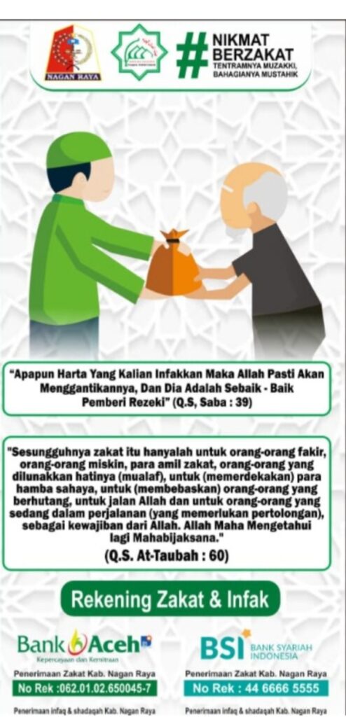 Ayo....Salurkan Zakat Infaq melalui Baitul Mall Kabupaten Nagan Raya Provinsi Aceh. Ini Rekening nya.